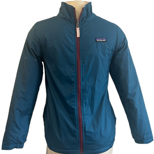 PATAGONIA reversible Kids teal / ivory zippered pockets Jacket SZ